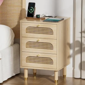 Nightstand with Charging Station, Stand 3 Drawer Bed Side Table
