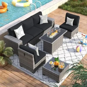 7 Piece Outdoor Patio Furniture Set with Fire Pit
